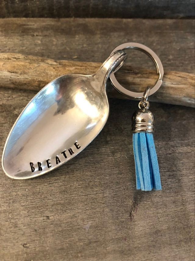 The Calming Spoon  Hand Stamped with "BREATHE" Keychain - with tassel