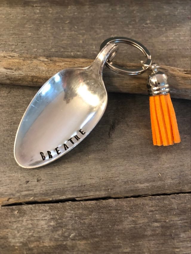 The Calming Spoon  Hand Stamped with "BREATHE" Keychain - with tassel