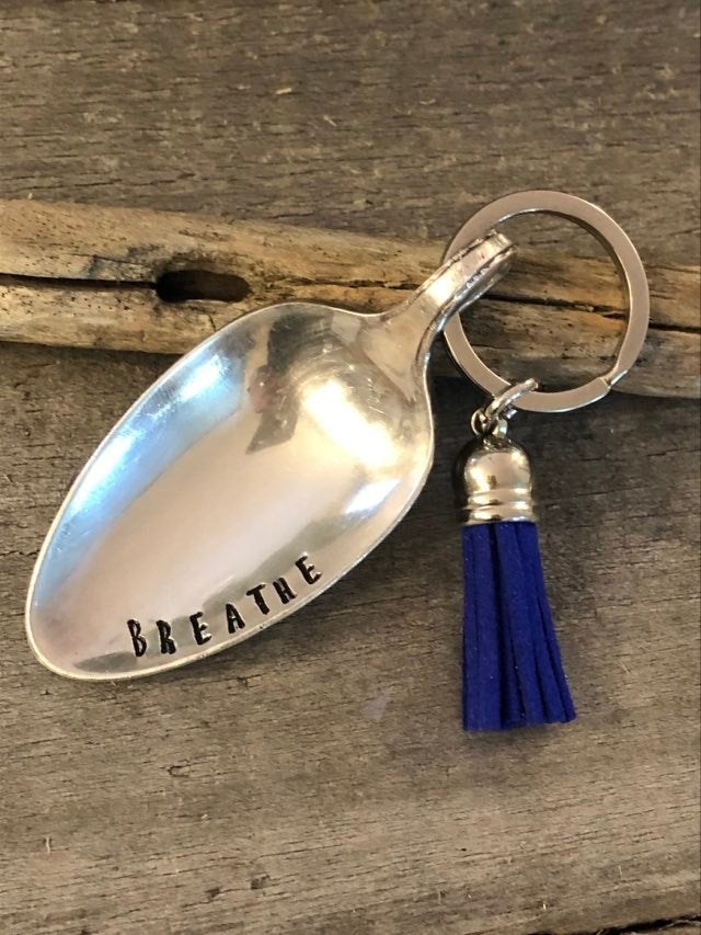 The Calming Spoon  Hand Stamped with "BREATHE" Keychain - with tassel