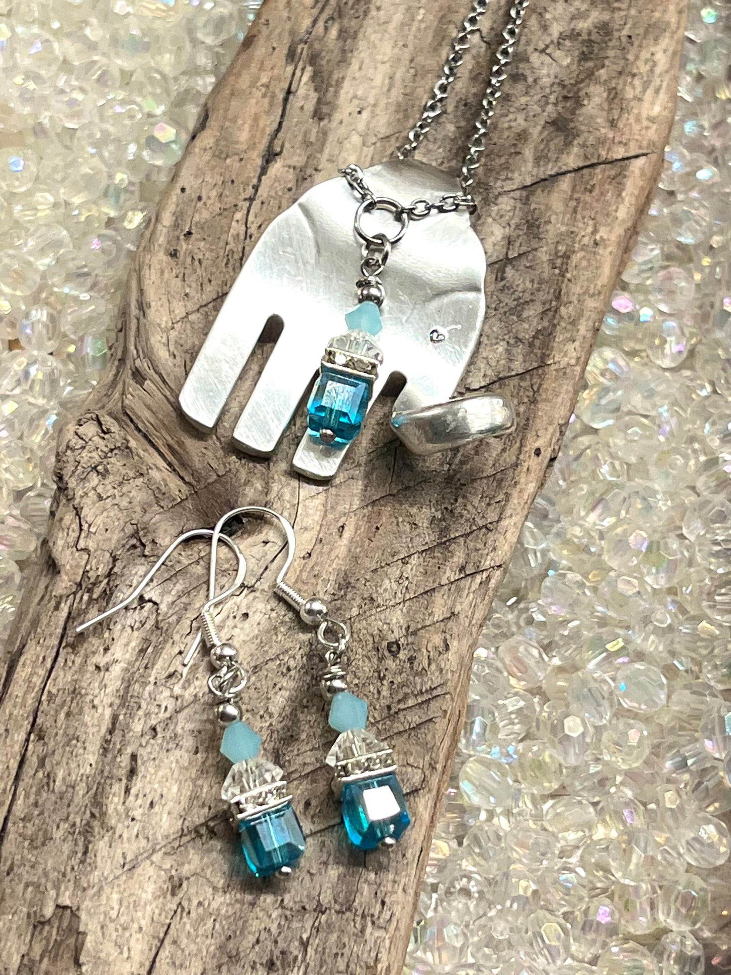 Elephant Fork Pendant with beads and matching earrings Set