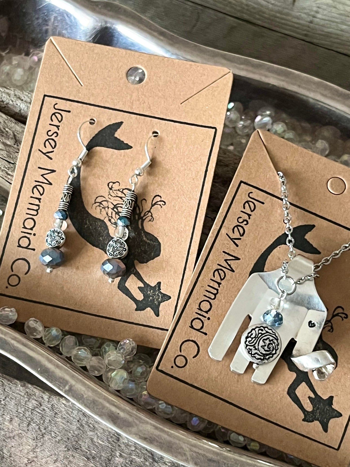 Elephant Fork Pendant with beads and matching earrings Set